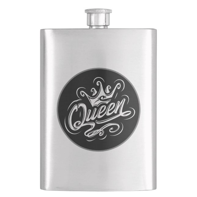Queen With Crown, Typography Design Hip Flask (Front)