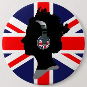 QUEEN WITH HEADPHONES (UK FLAG) Button