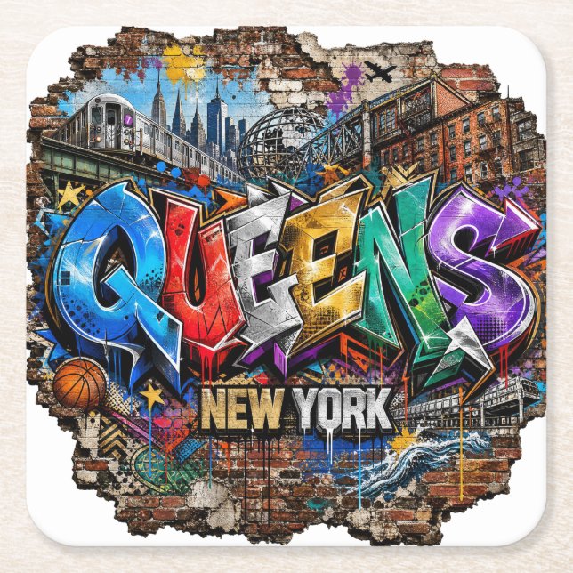 Queens New York Graffiti Wall Art Square Paper Coaster (Front)