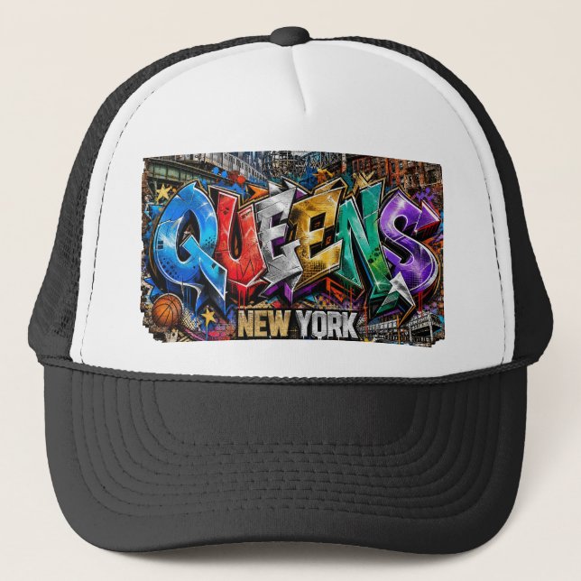 Queens New York Graffiti Wall Art Trucker Hat (Front)