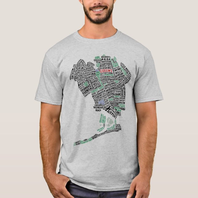Queens New York Typography Map T-Shirt (Front)