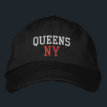 QUEENS NY Simple White and Red on Black Embroidered Hat<br><div class="desc">QUEENS NY White and Red embroidered on Black cotton hat. Embroidery is customisable to other colour choices by selecting the "Edit Design" tool button. Also available is the option to select choice of hat colour on the main item page.</div>