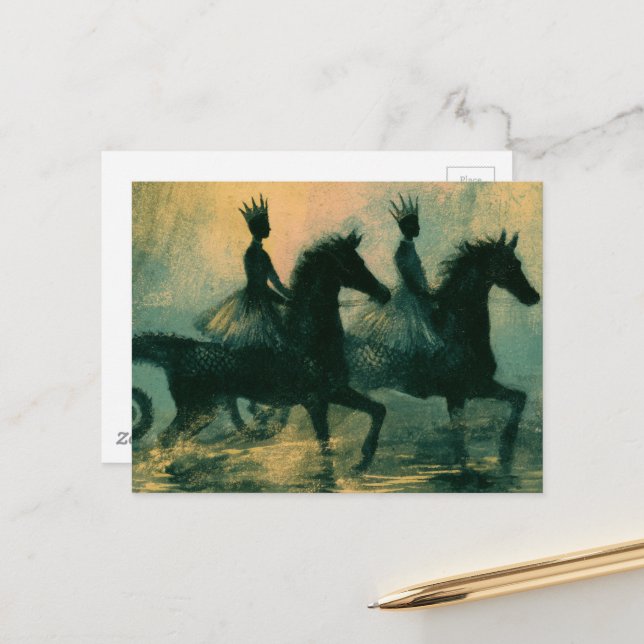 Queens on Seahorses Fantasy Art Postcard (Front/Back In Situ)