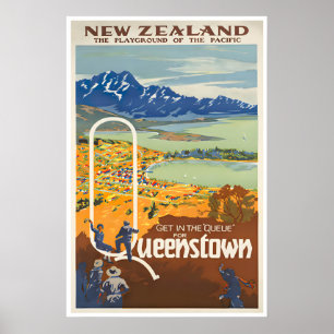 Queenstown Art New Zealand Print Vintage Travel