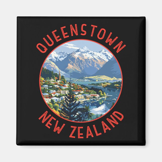 Queenstown New Zealand Retro Distressed Circle  Magnet (Front)