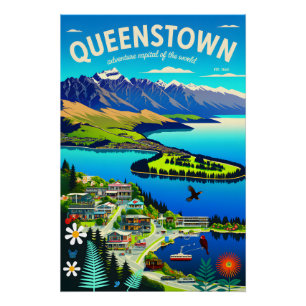 Queenstown New Zealand Retro Travel Poster Art