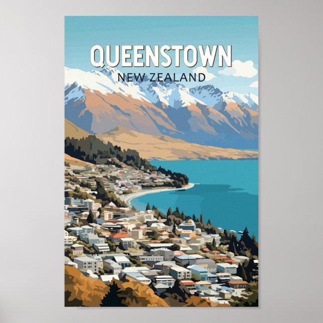 Queenstown New Zealand Travel Art Vintage Poster (Front)