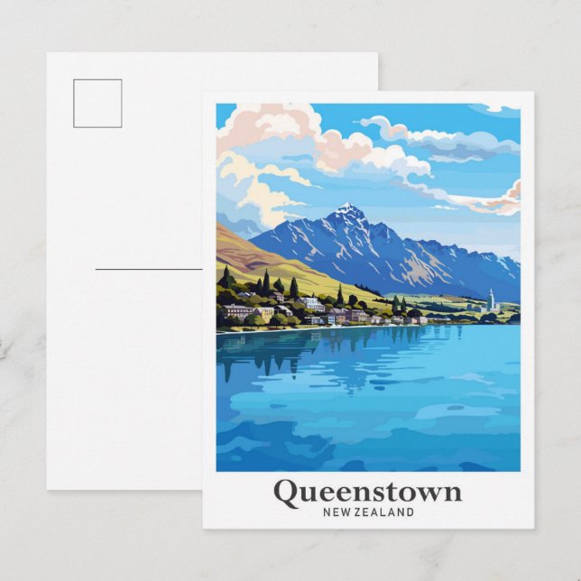 Queenstown New Zealand Vintage Travel Illustration Postcard (Front/Back)