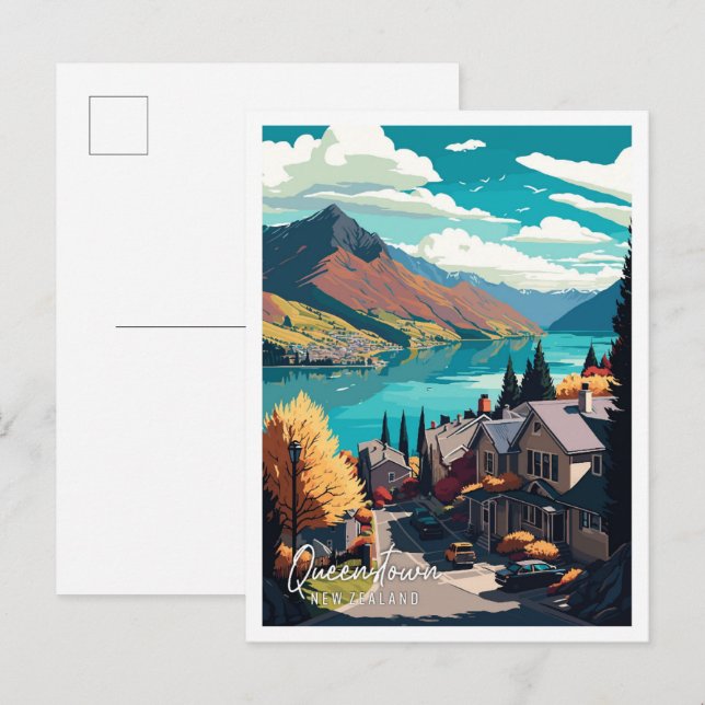 Queenstown New Zealand vintage travel illustration Postcard (Front/Back)