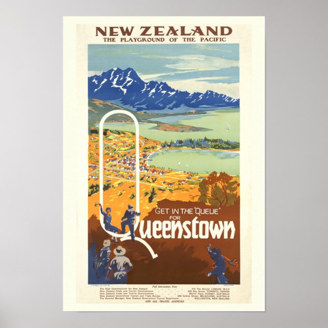 Queenstown, New Zealand Vintage Travel Poster (Front)