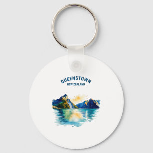Queenstown New Zealand Vintage Watercolor Scenic T Key Ring