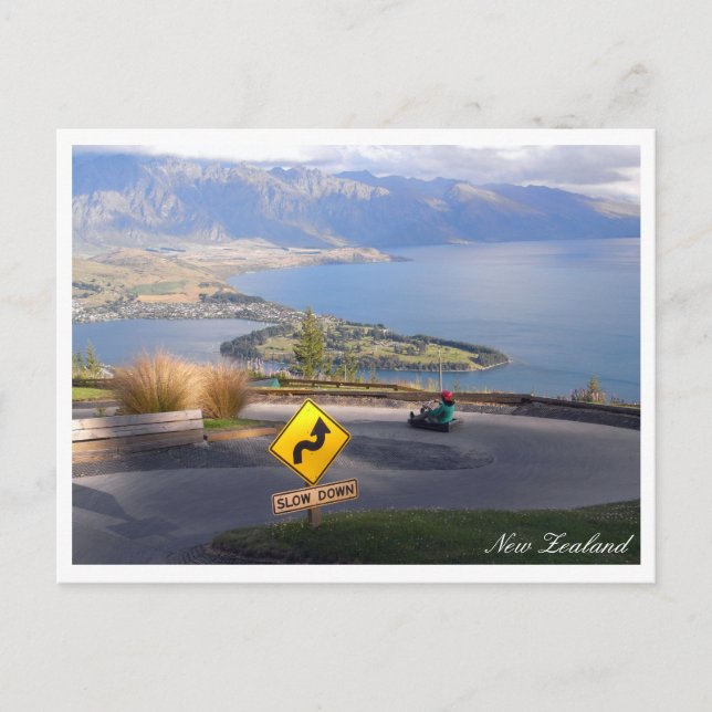 Queenstown Panorama, Luge riders, New Zealand Postcard (Front)