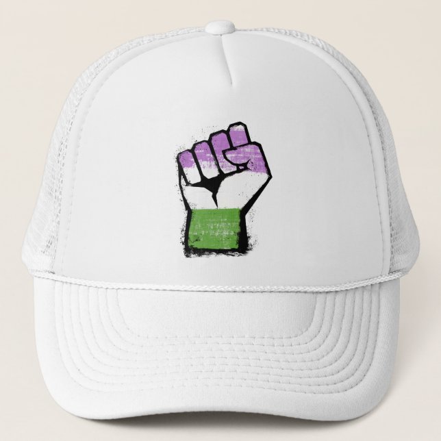 Queer / Genderqueer Pride Fist Trucker Hat (Front)