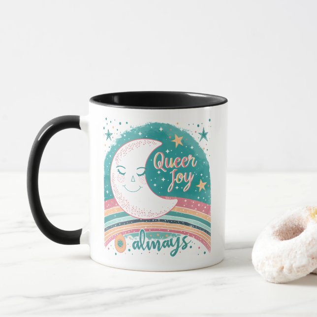 Queer Joy Always LGBTQ Pride Rainbow Moon Cute  Mug (With Donut)