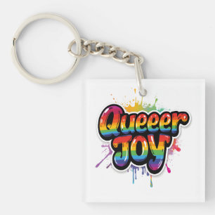 Queer Joy Rainbow Pride Typography – LGBTQ+ Quotes Key Ring