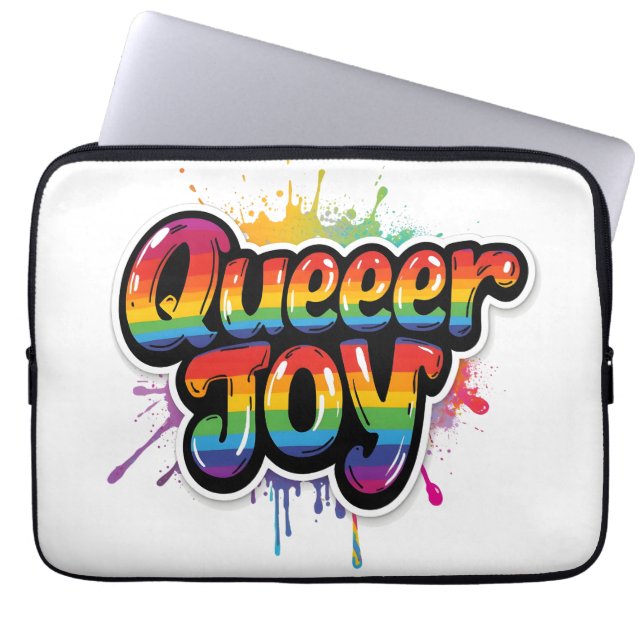 Queer Joy Rainbow Pride Typography – LGBTQ+ Quotes Laptop Sleeve (Front)