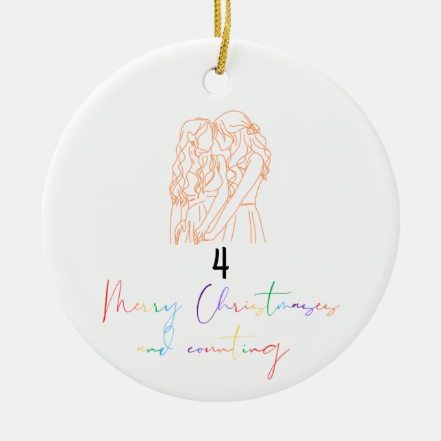 Queer Lesbian Couple Christmas Ornament (Orange) (Front)