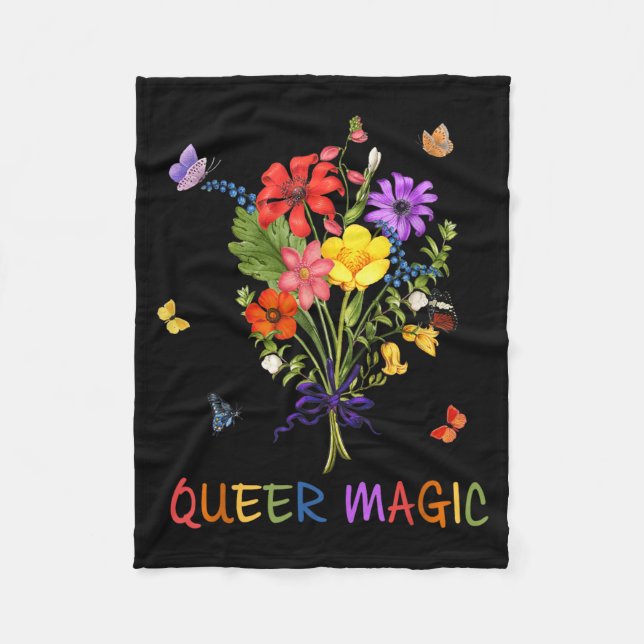 Queer Magic Flower Butterflies Rainbow Proud Ally Fleece Blanket (Front)