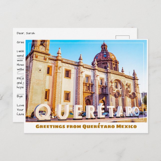 Querétaro Mexico Sign and Church Postcard (Front/Back)