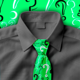 Question Marks Tie- White, Black, Spring Green Tie