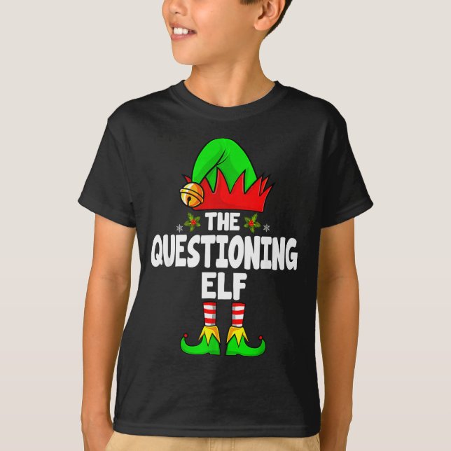 Questioning Elf Group Christmas Funny Pajama Party T-Shirt (Front)