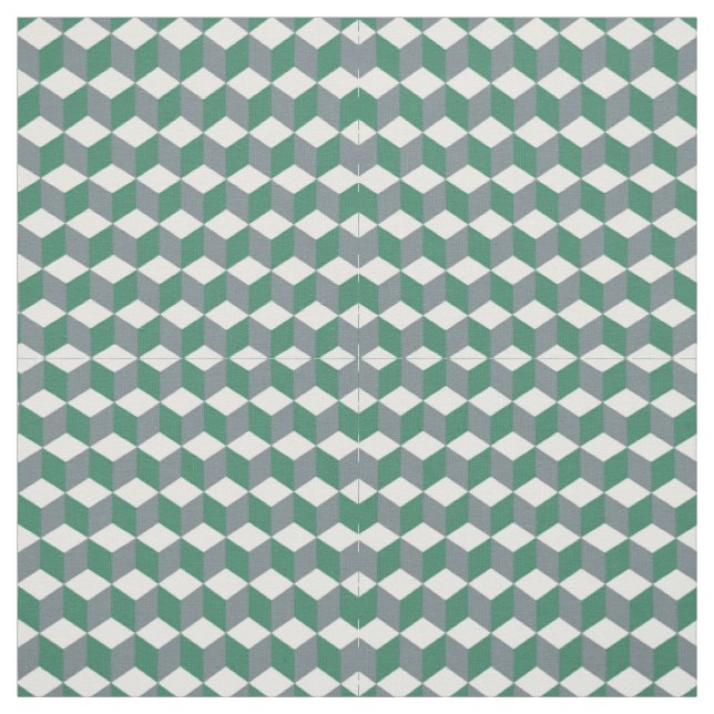 Quetzal Green and Grey Isometric Cube Pattern Fabric (Swatch)