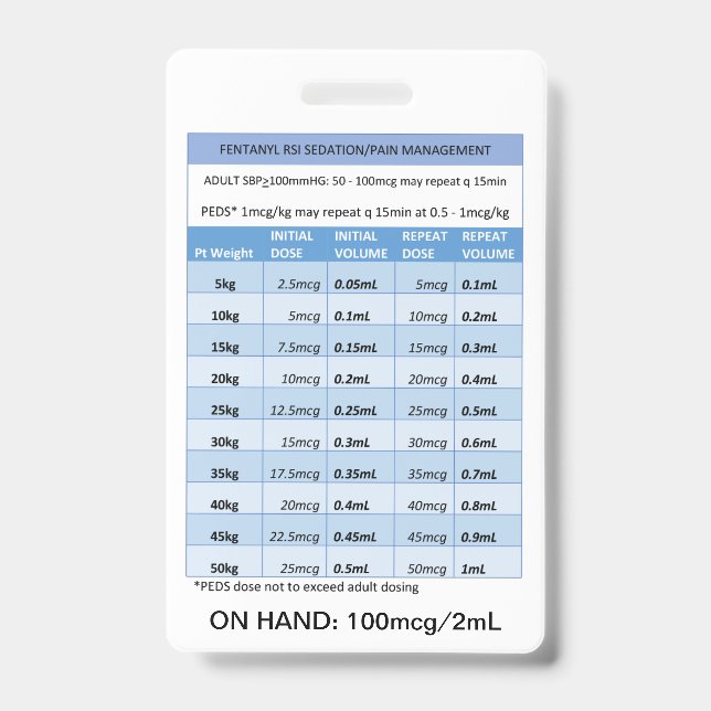 QUICK DOSING RE: FENTANYL FOR RSI SEDATION & PAIN  ID BADGE (Front)