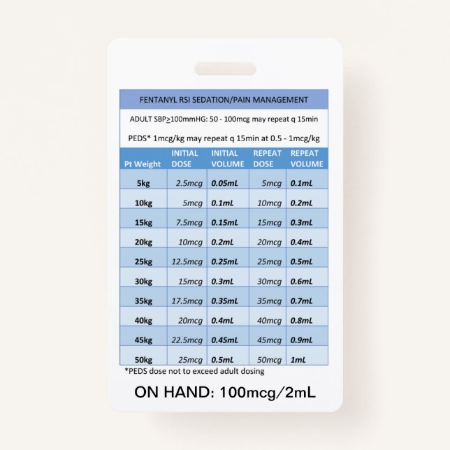 QUICK DOSING RE: FENTANYL FOR RSI SEDATION & PAIN  ID BADGE (Front)