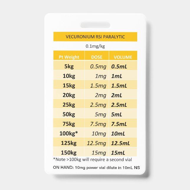 Quick Dosing RE: Vecuronium & Rocuronium Paralysis ID Badge (Front)