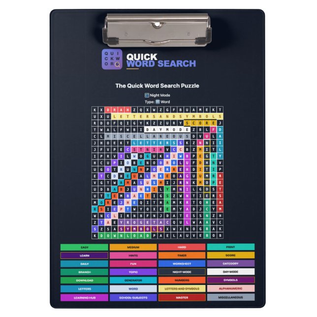 Quick Word Search — Night Mode Notebook Clipboard (Front)