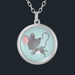Quiet as a Mouse Cute Animal Cartoon Silver Plated Necklace<br><div class="desc">A cute little mouse cartoon image against a light blue background. You may change the blue background to another colour using the background selections. This makes a nice children's gift.</div>