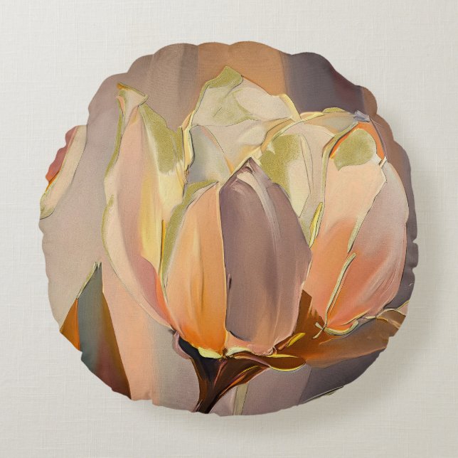 Quiet Bloom – Abstract Tulips In Soft Gold Round Cushion (Front)