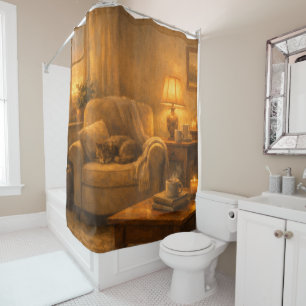 Quiet Corner Cat & Lamp Painterly Shower Curtain