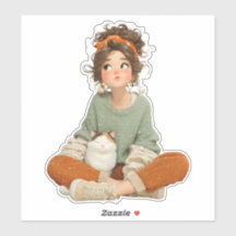 Quiet Daydream Girl & Cat – Premium Art Sticker