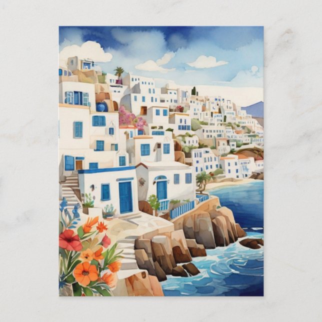 Quiet Greek Fishing Village Greece Sea Watercolor Postcard (Front)