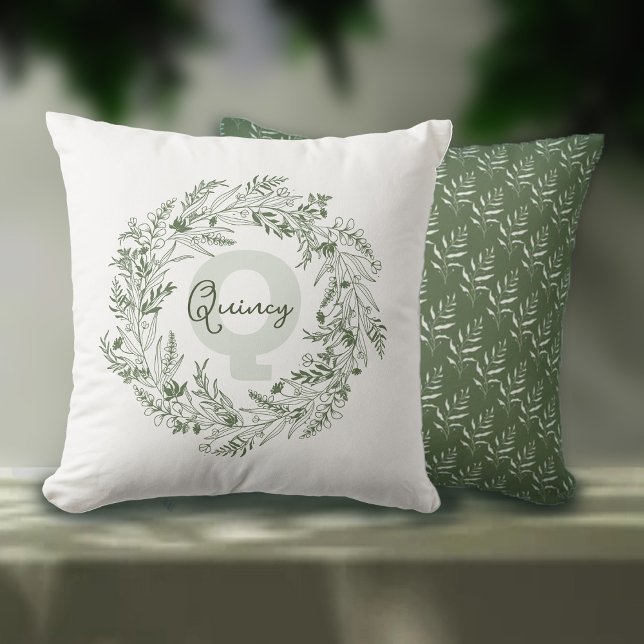 Quiet Green Botanical Monogram Q Cushion (Creator Uploaded)