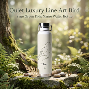 Quiet Luxury Line Art Bird Sage Green Kids Name  Water Bottle