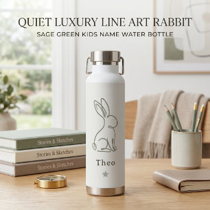 Quiet Luxury Line Art Rabbit Sage Green Kids Name  Water Bottle