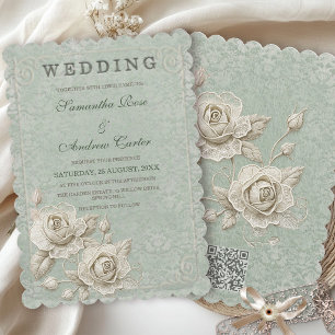 Quiet Luxury Vintage Ivory Sage Green Lace Invitation