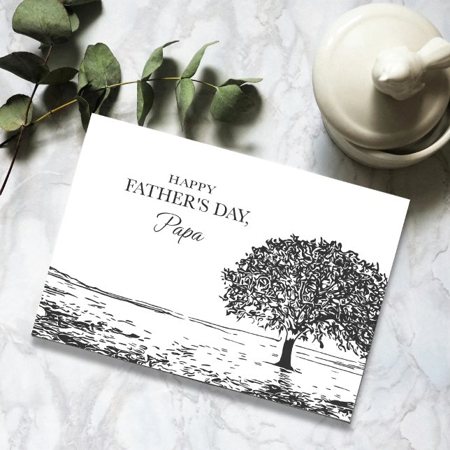 Quiet Oak — Father’s Day Card for Papa (Minimal oak tree Father’s Day card for Papa in black ink on white background)