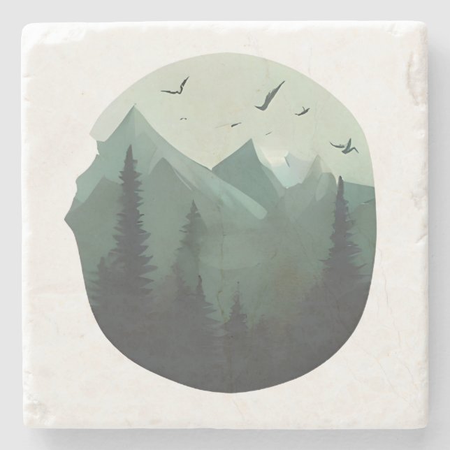 Quiet Peaks: Birds Over a Mountain Landscape Stone Coaster (Front)
