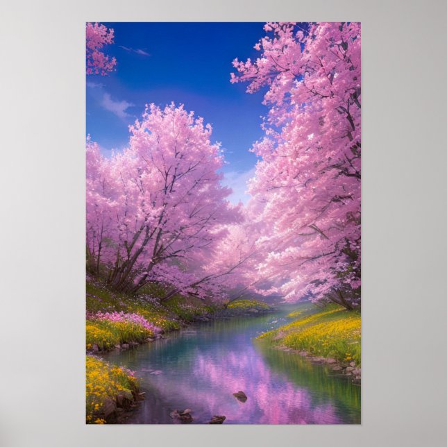 Quiet River adored by Sakura trees Poster (Front)