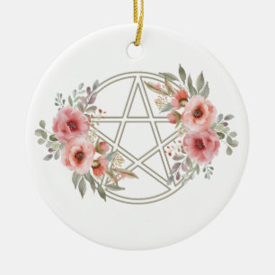 Quiet Sage Floral Pentacle Ceramic Tree Decoration