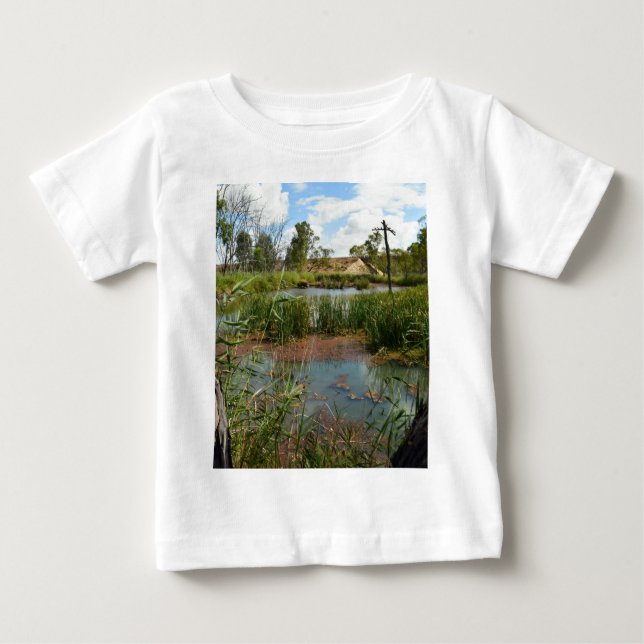 Quiet Serenity: A Green Frog on Reeds at the Swamp Baby T-Shirt (Front)
