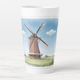 Quiet Windmill in the Fields – Soft Watercolor Lan Latte Mug
