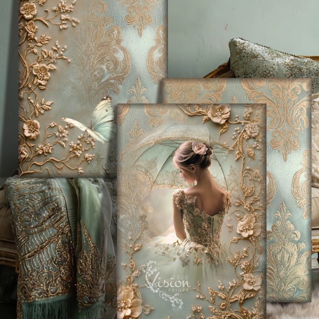 Quiet Yearning Vintage Ballerina Baroque Victorian Wrapping Paper Sheet (Vintage Ballerina, Elegant Butterfly, Baroque Gold Floral Vines, Ornate Design Heavyweight Decoupage)