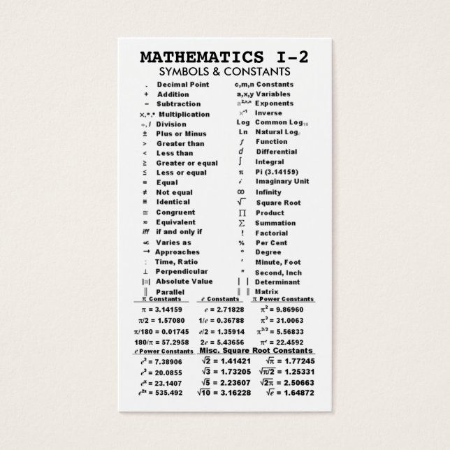 Quik-Ref Mathematics I-2 Pocket/Wallet (Front)