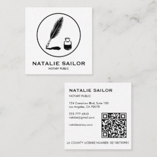 Quill Feather Ink Pen Logo Notary Public CUSTOM QR Square Business Card