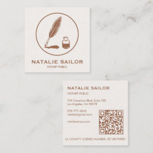 Quill Feather Ink Pen Logo Notary Public CUSTOM QR Square Business Card