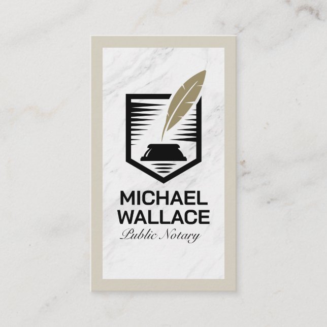 Quill Feather Pen Logo | White Marble Business Card (Front)